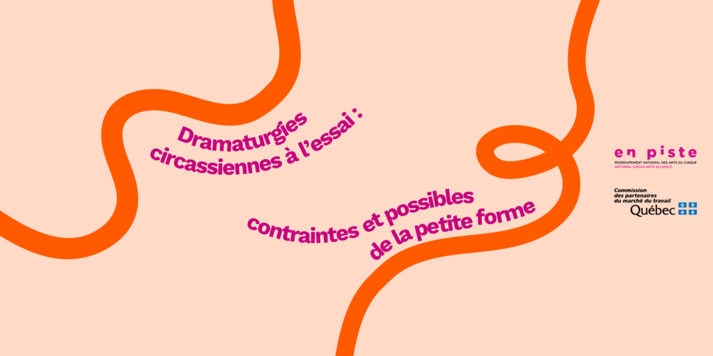 Affiche En Piste sur les dramaturgies circassiennes à l’essai et les contraintes de la petite forme, avec design abstrait orange et texte violet sur fond beige