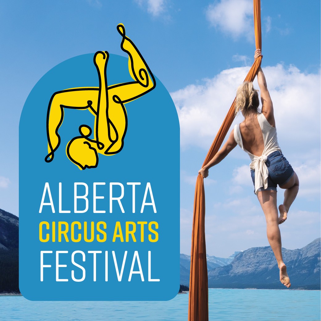 Visuel de l’Alberta Circus Arts Festival montrant une artiste en tissu aérien devant un paysage de montagnes et de lac, avec le logo du festival.